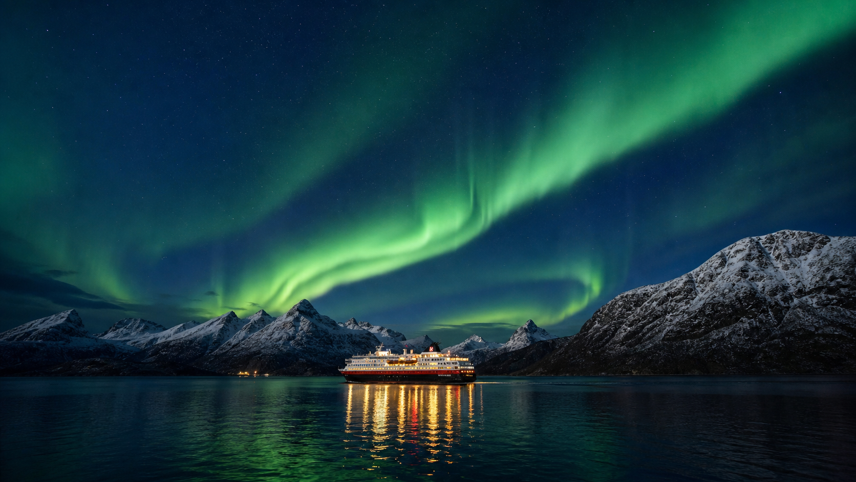 Norwegian coastal ship under northern lights